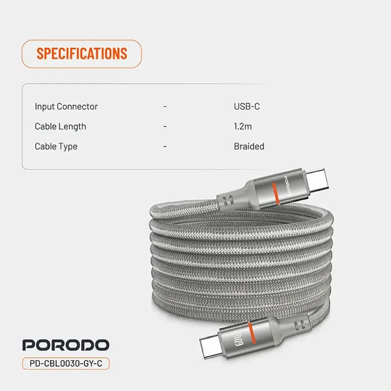 کابل شارژ پرودو مدل PORODO PD-CBL0030-GY-C — تصویر ۵