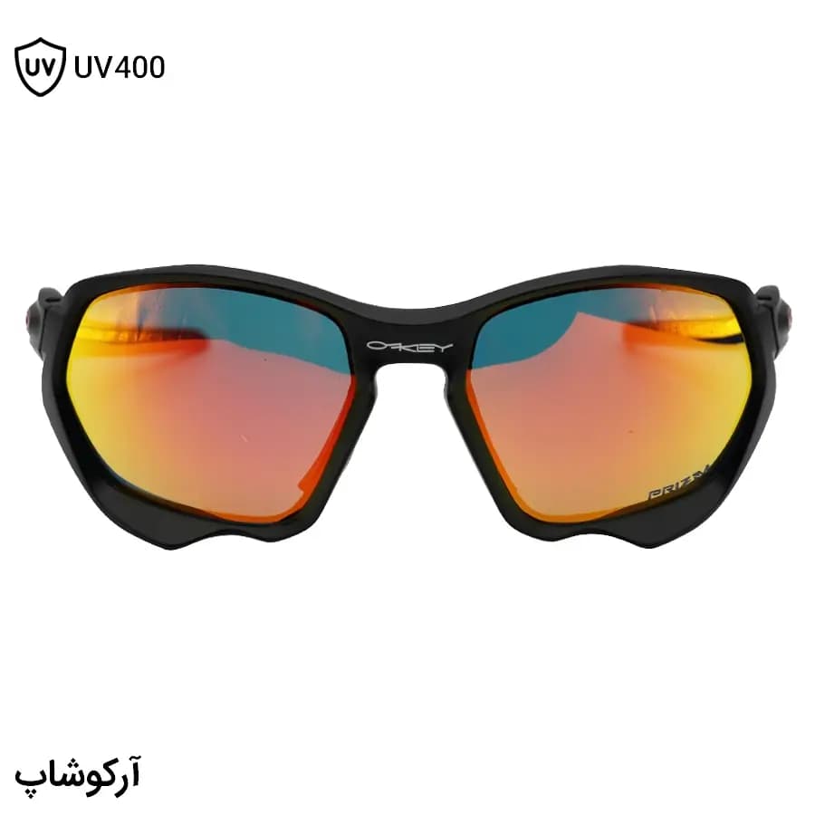 عینک ورزشی OAKLEY با فریم مشکی مات، بیسدار، لنز جیوهای، قرمز رنگ و UV400 مدل OO9019-0959 — تصویر ۳