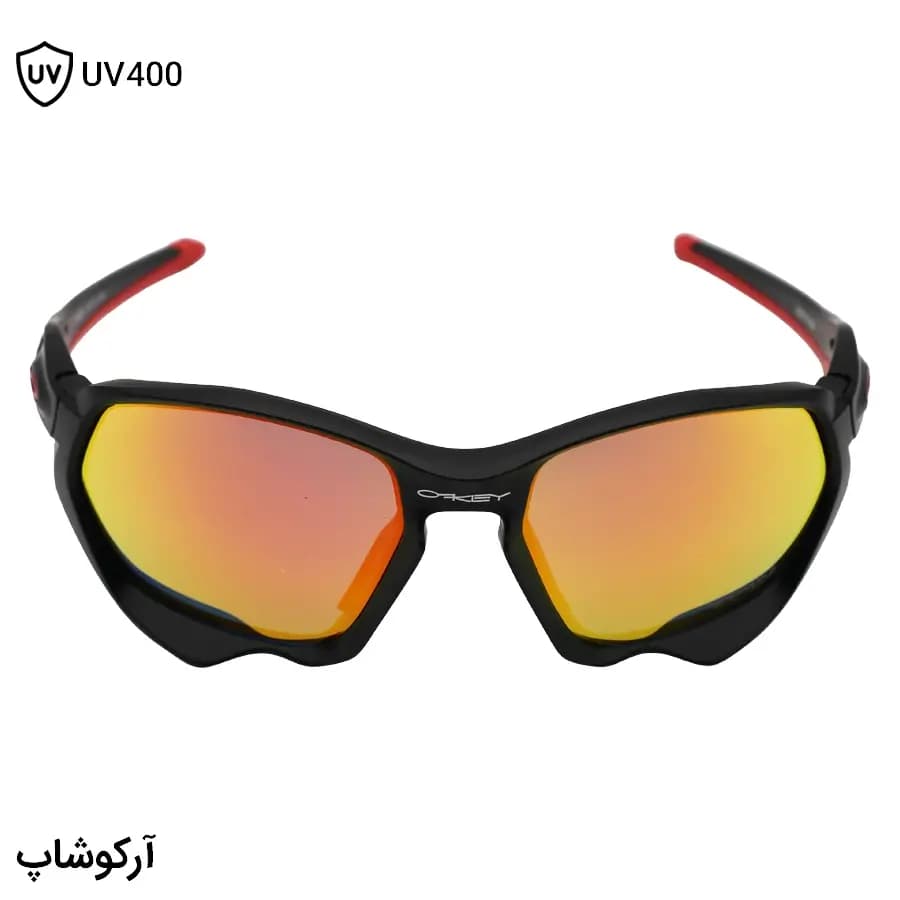 عینک ورزشی OAKLEY با فریم مشکی مات، بیسدار، لنز جیوهای، قرمز رنگ و UV400 مدل OO9019-0959 — تصویر ۲