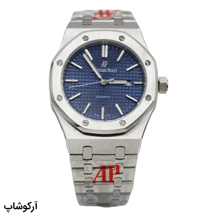 ساعت مردانه اودمار پیگه (AP) ROYAL OAK نقرهای، صفحه سرمهای، بند استیل نقرهای، قاب هشتضلعی، نمایش تاریخ و قفل پروانهای مخفی مدل No15888 – J18666