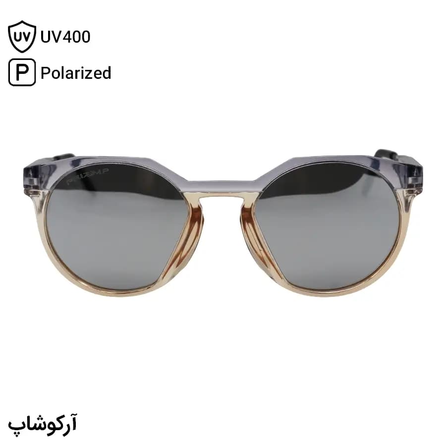عینک ورزشی اوکلی با فریم گرد، رنگ بنفش و قهوهای، دسته سنجاقی و لنز آینهای نقرهای و پلاریزه مدل OO9279 — تصویر ۲
