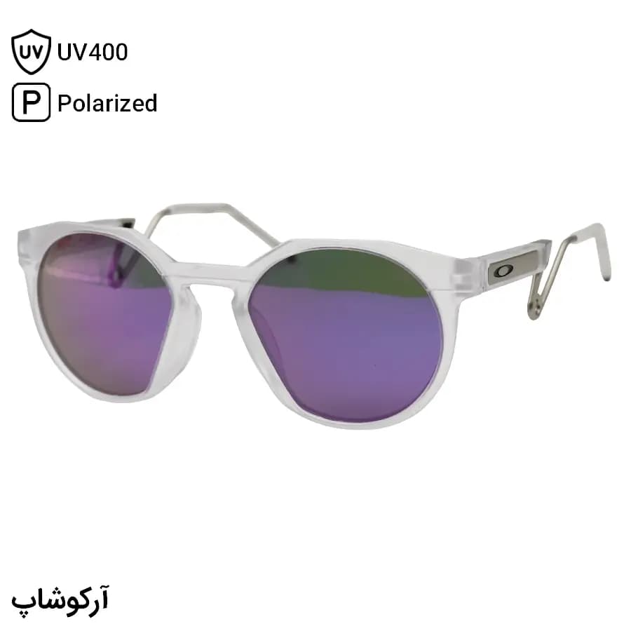 عینک ورزشی اوکلی با فریم گرد، رنگ سفید مات (یخی)، دسته سنجاقی و لنز آینهای بنفش و پلاریزه مدل OO9279