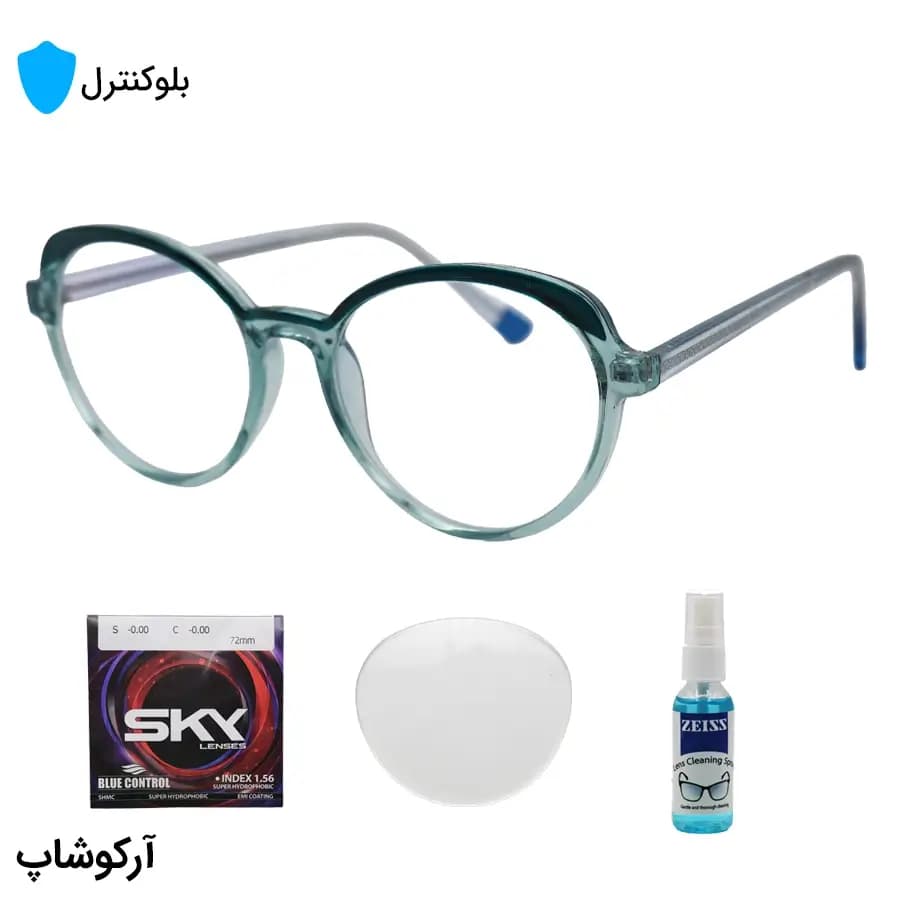 عینک بلوکنترل زنانه با فریم شکل گرد، رنگ سبز و دسته سیمدار و لنز بلوکنترل کرهای برند SKY مدل 8329