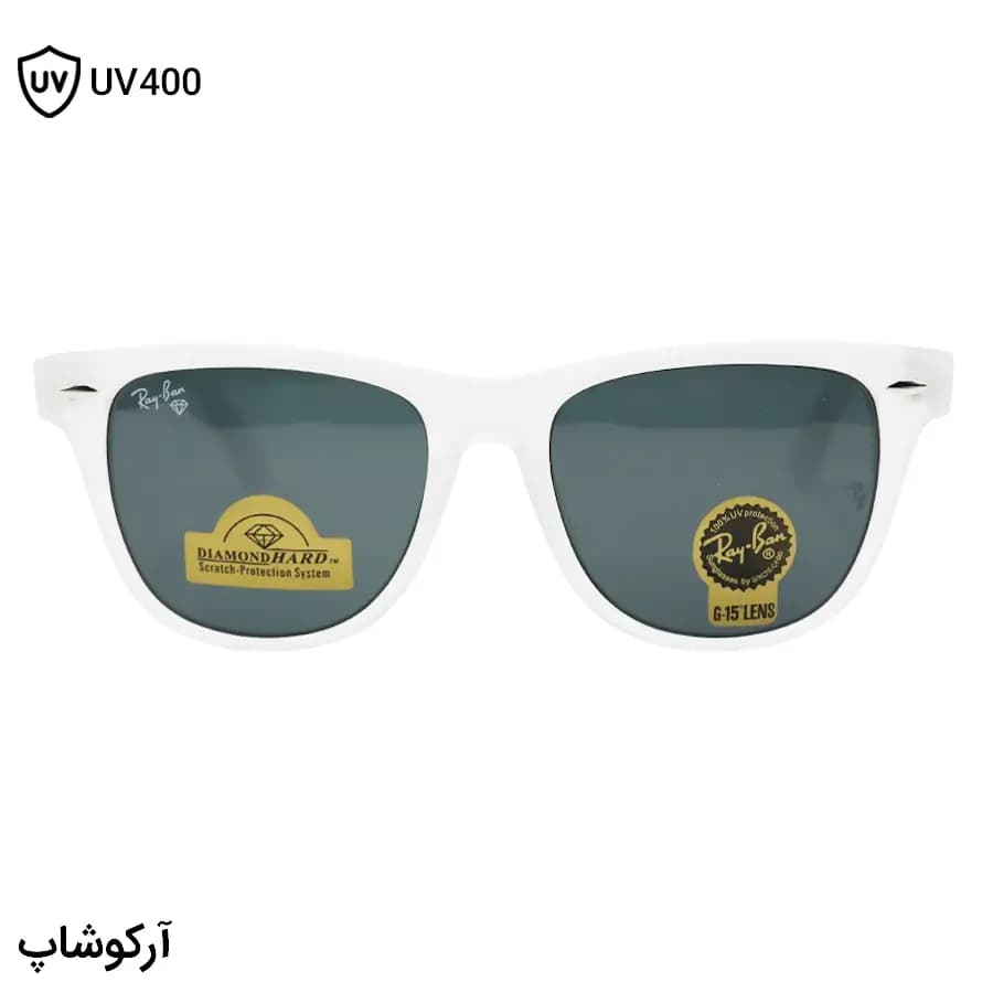 عینک آفتابی ریبن با فریم ویفرر، رنگ سفید یخی، لنز شیشه و سنگ، سایز 54 و رنگ دودی تیره مدل RB2140-F — تصویر ۲