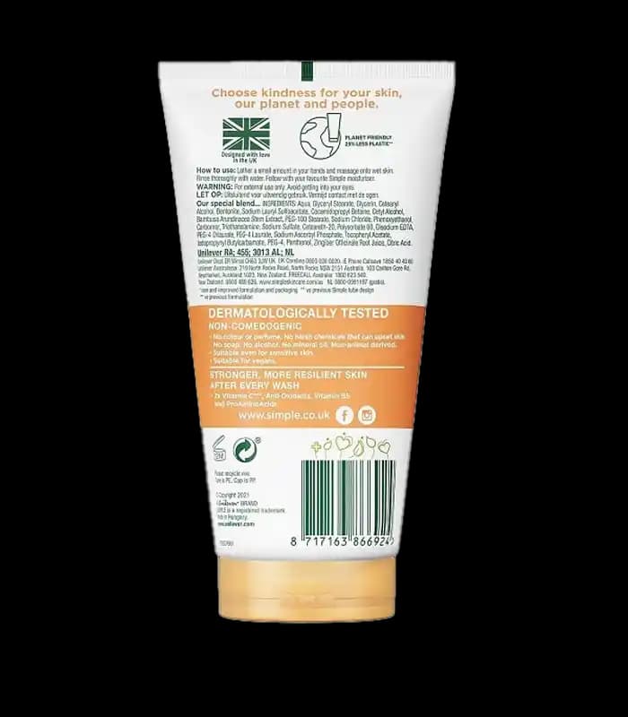 ژل شستشوی Kind to Skin سیمپل، روشنکننده با ویتامین C و E، مناسب انواع پوست – 150 میل
