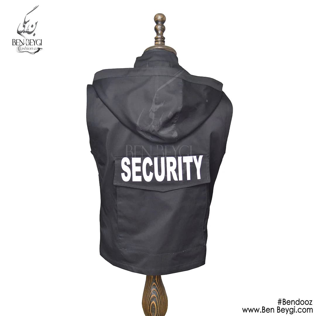 جلیقه پارچه کتان کلاه دار SECURITY حفاظتی نگهبانی مدل ابزار رنگ مشکی کد 21056 — تصویر ۲