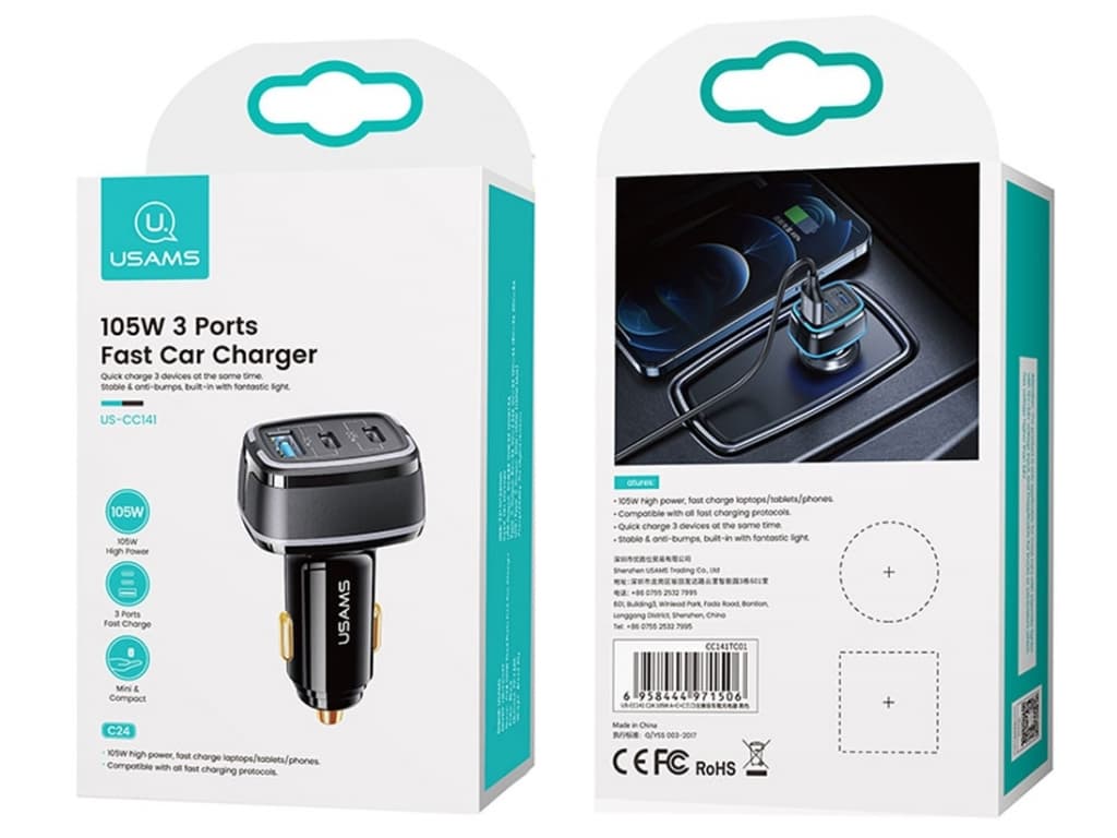 شارژر فندکی فست شارژ یوسمز USAMS C24 105W 3 Ports Car Charger Quick Charge US-CC141 — تصویر ۶