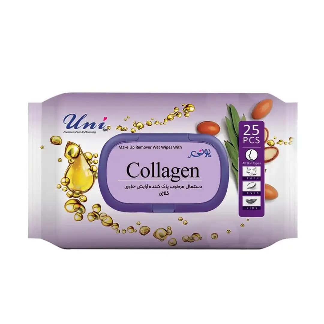 دستمال مرطوب پاک کننده آرایش حاوی کلاژن یونی لد بسته 25 عددی/Collagen Makeup Remover Wipes 25 Sheets UNI LED