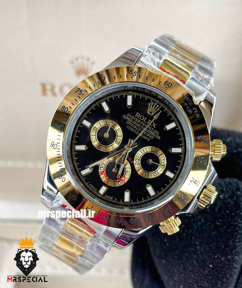 ساعت مردانه رولکس مدل دیتونا کوارتز فول دیت دورنگ طلایی صفحه مشکی 020243 ROLEX DAYTONA — تصویر ۲