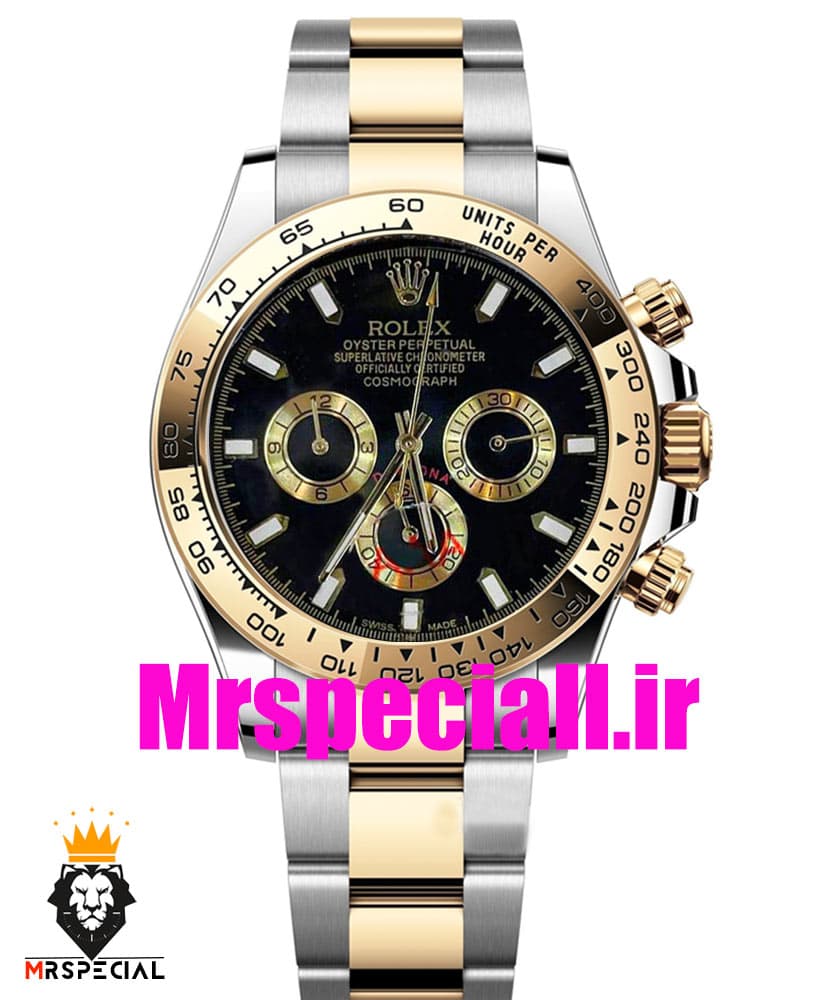 ساعت مردانه رولکس مدل دیتونا کوارتز فول دیت دورنگ طلایی صفحه مشکی 020243 ROLEX DAYTONA