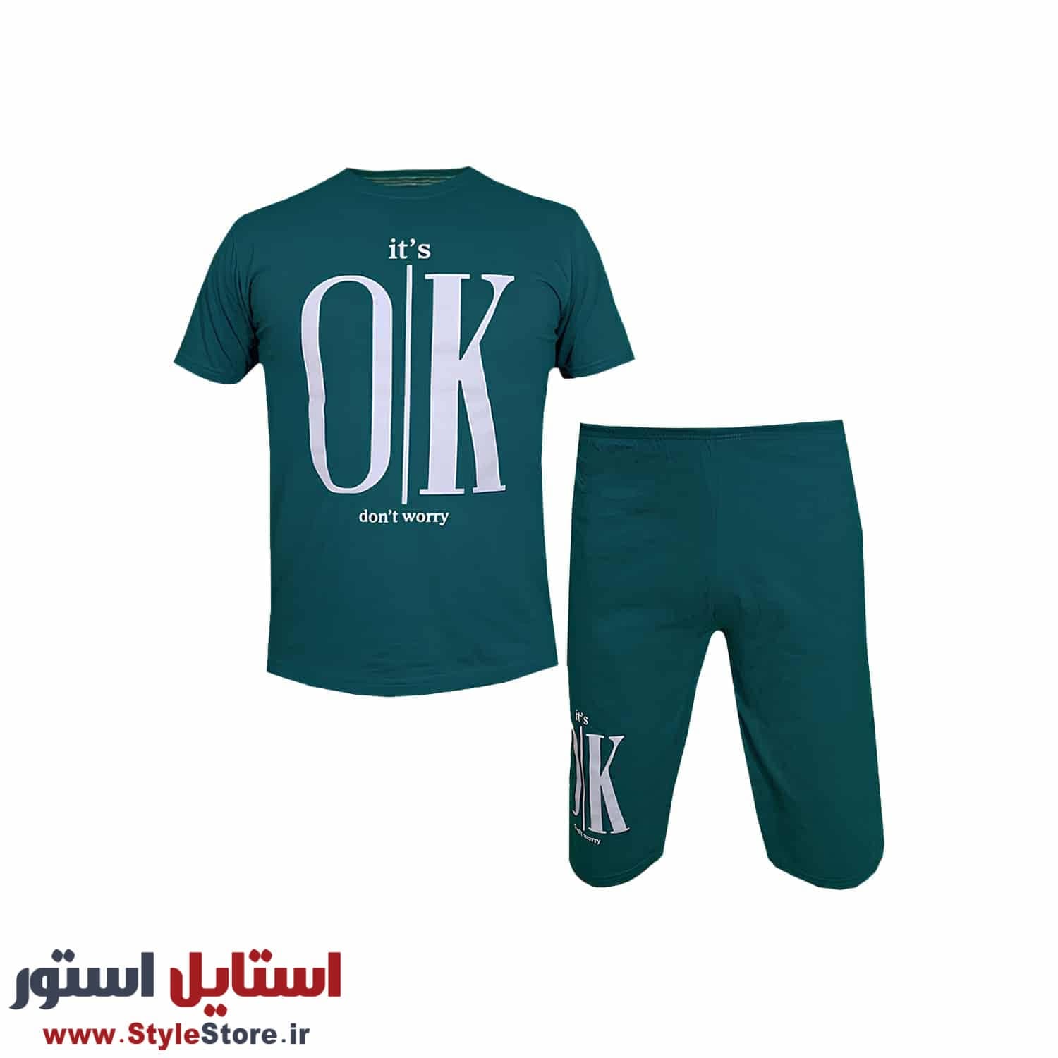 ست تی شرت و شلوارک مردانه طرح OK کد 1563 رنگ سبز — تصویر ۴