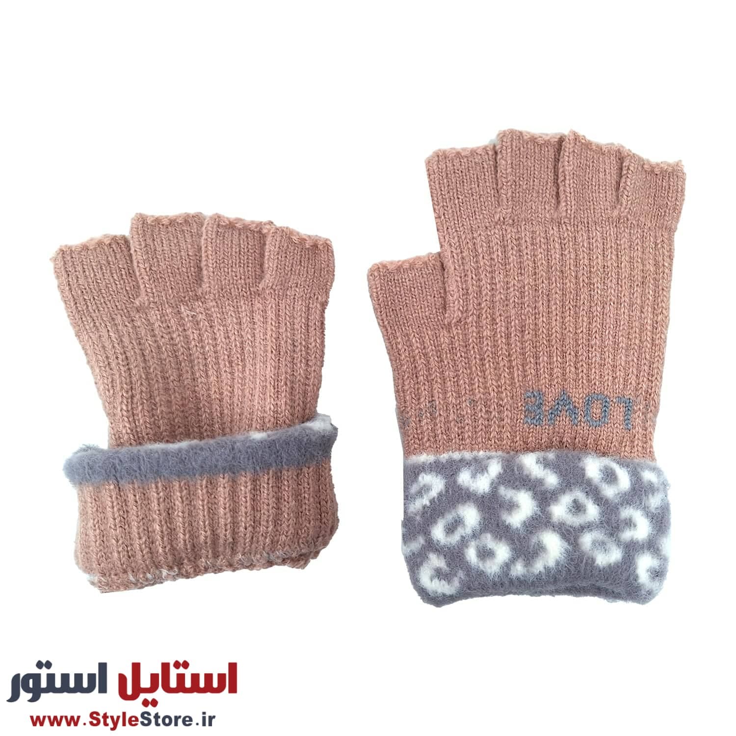 دستکش بافتنی زنانه نیم انگشتی طرح LOVE کد 1528 رنگ کالباسی — تصویر ۲