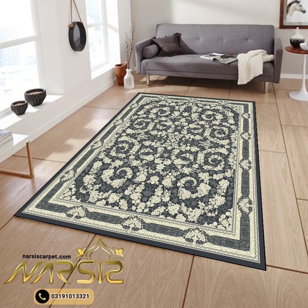 فرشینه فرش افشان طرح یاسمن رنگ زغالی کد 9033