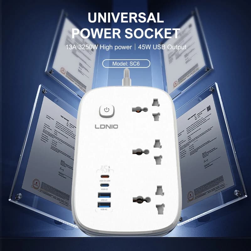 چند راهی 3 خانه ارت دار الدینیو SC6 با کابل 2 متری + شارژر USB و Type-C — تصویر ۷