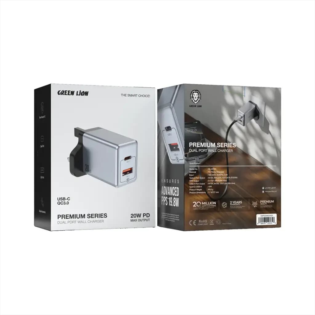 شارژر دیواری گرین لاین سری Premium با دو پورت ۲۰ وات مدل GNPD20W2UKGY — تصویر ۲