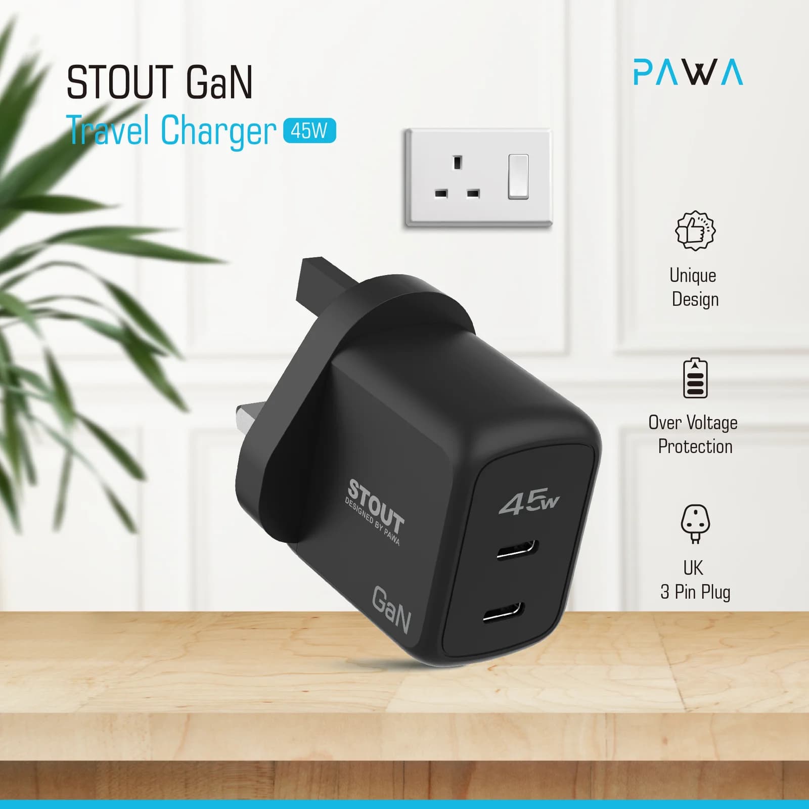 شارژر دیواری 45 وات 3 پین پاوا مدل Stout Gan PW-GN45UK — تصویر ۳
