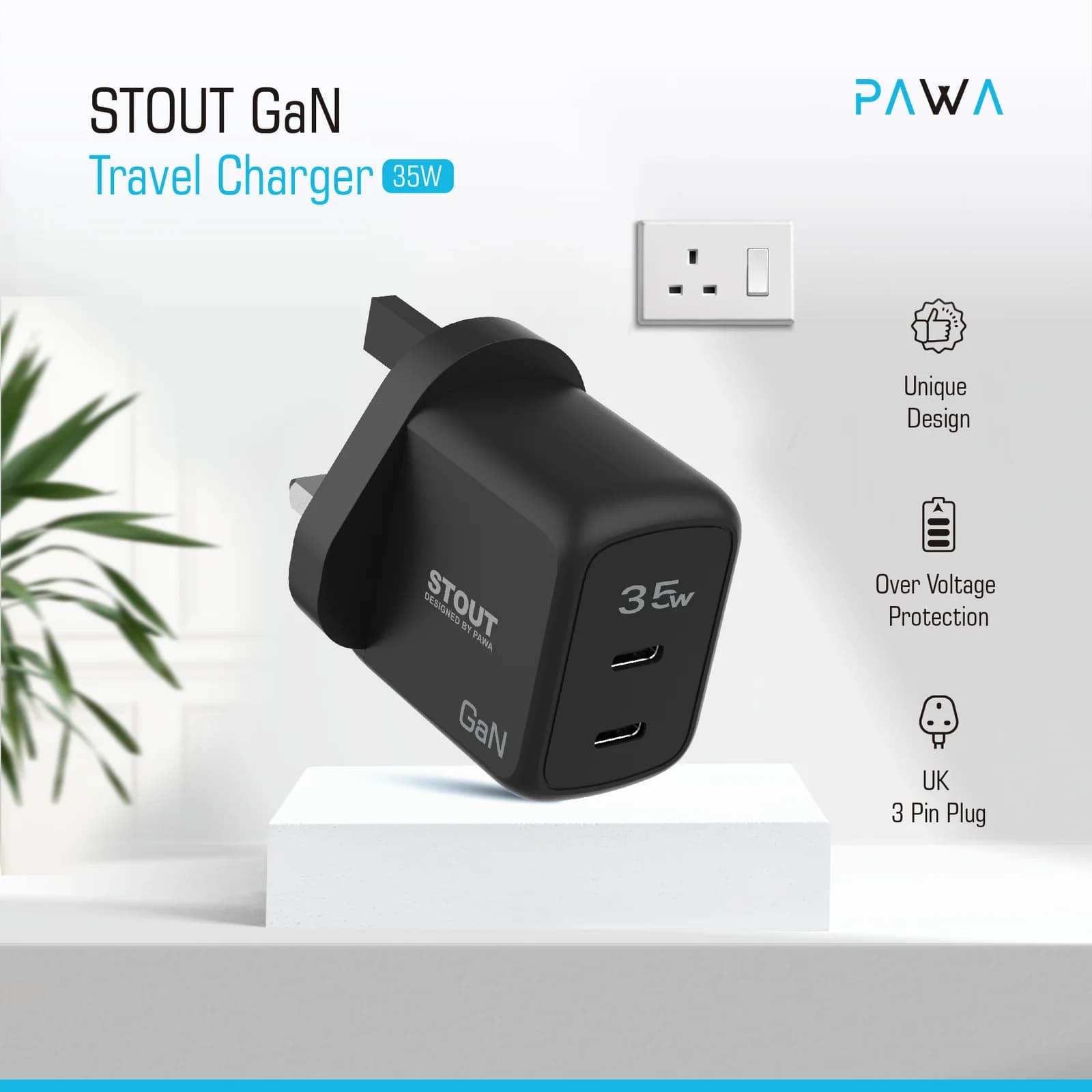 شارژر دیواری 35 وات 3 پین پاوا مدل Stout Gan PW-GN35UK — تصویر ۲