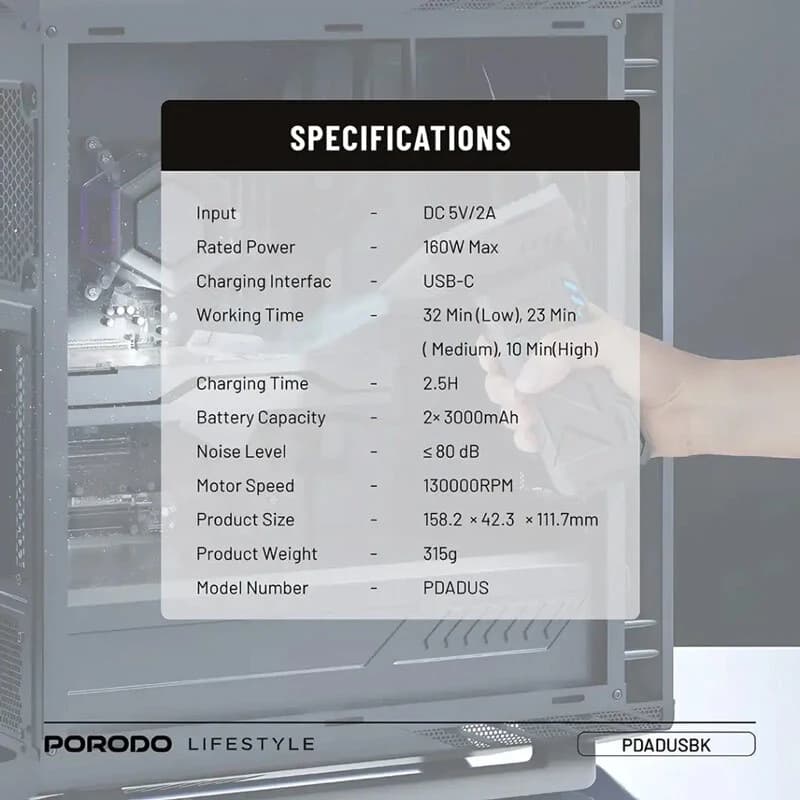 جت فن شارژی 160 وات پرودو Turboblast PDADUS — تصویر ۷