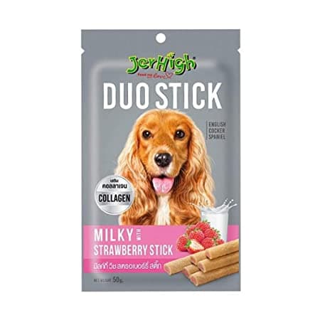 تشویقی مخصوص سگ با طعم شیر و توت فرنگی مدل Duo Stick برند Jerhigh