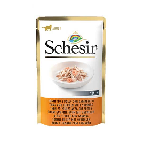 غذای پوچ گربه طعم مرغ و ماهی با میگو شسیر (Schesir Cat Tuna and Chicken with Shrimps) وزن 85 گرم — تصویر ۶