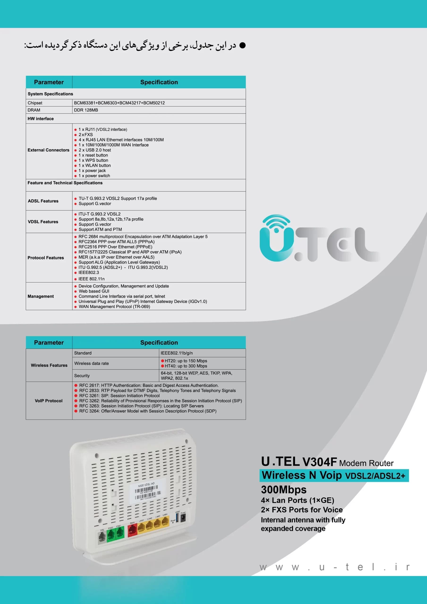 مودم روتر ADSL2+/VDSL2 یوتل V304F — تصویر ۷
