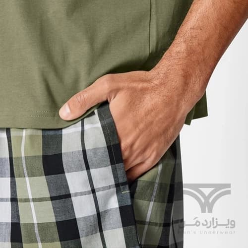 ست مردانه تیشرت و شلوارک راحتی لیورجی Livergy آلمان طرح زیتونی و چهارخونه — تصویر ۵
