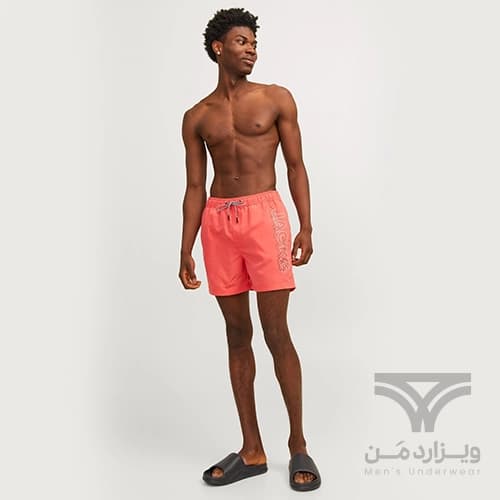 شلوارک سونایی و مایو مردانه اورجینال وارداتی برند Jack & Jones جک اند جونز آستردار صورتی گلبه ای Fiji Double Logo Swimshort Men — تصویر ۵