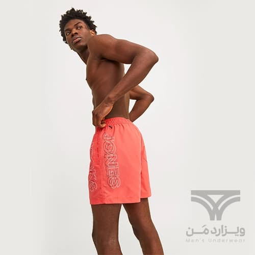 شلوارک سونایی و مایو مردانه اورجینال وارداتی برند Jack & Jones جک اند جونز آستردار صورتی گلبه ای Fiji Double Logo Swimshort Men — تصویر ۶