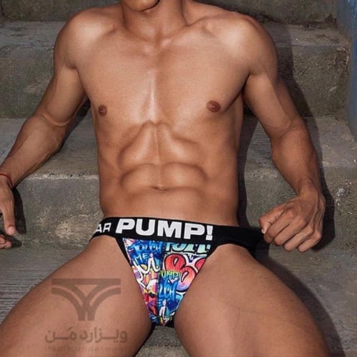 شورت مردانه جاک استرپ Jockstrap اورجینال برند پامپ Pump فانتزی پشت باز 2 بند طرح گرافیتی Graffiti — تصویر ۵