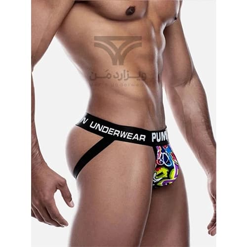 شورت مردانه جاک استرپ Jockstrap اورجینال برند پامپ Pump فانتزی پشت باز 2 بند طرح گرافیتی Graffiti — تصویر ۲