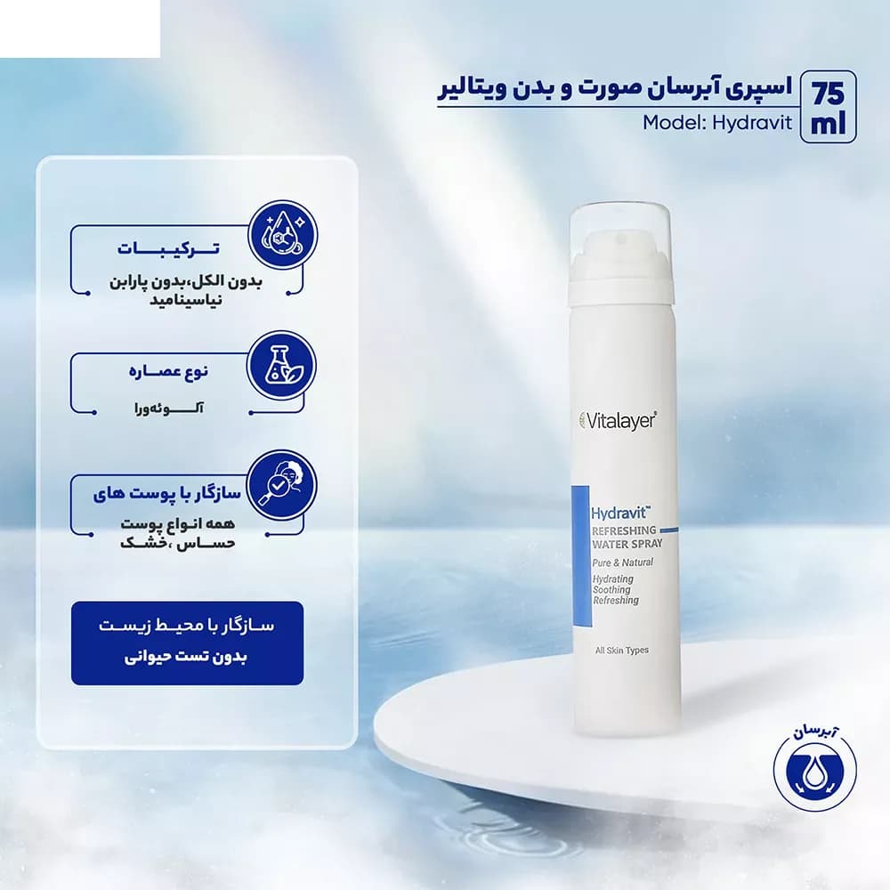اسپری آبرسان صورت و بدن ویتالیر مدل Hydravit حجم 75 میلی لیتر — تصویر ۳