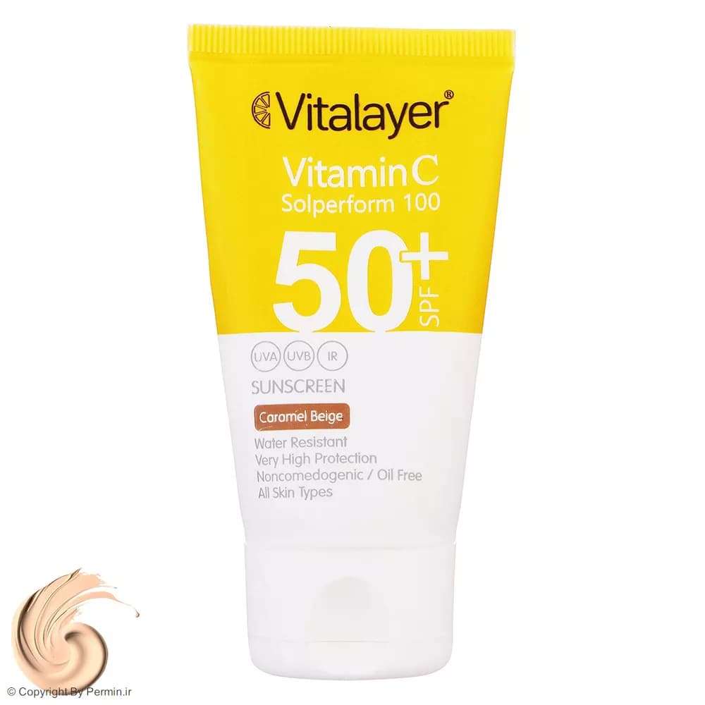 کرم ضد آفتاب رنگی ویتالیر SPF50 دارای ویتامین C مدل Caramel Begie حجم 40 میلیلیتر — تصویر ۳