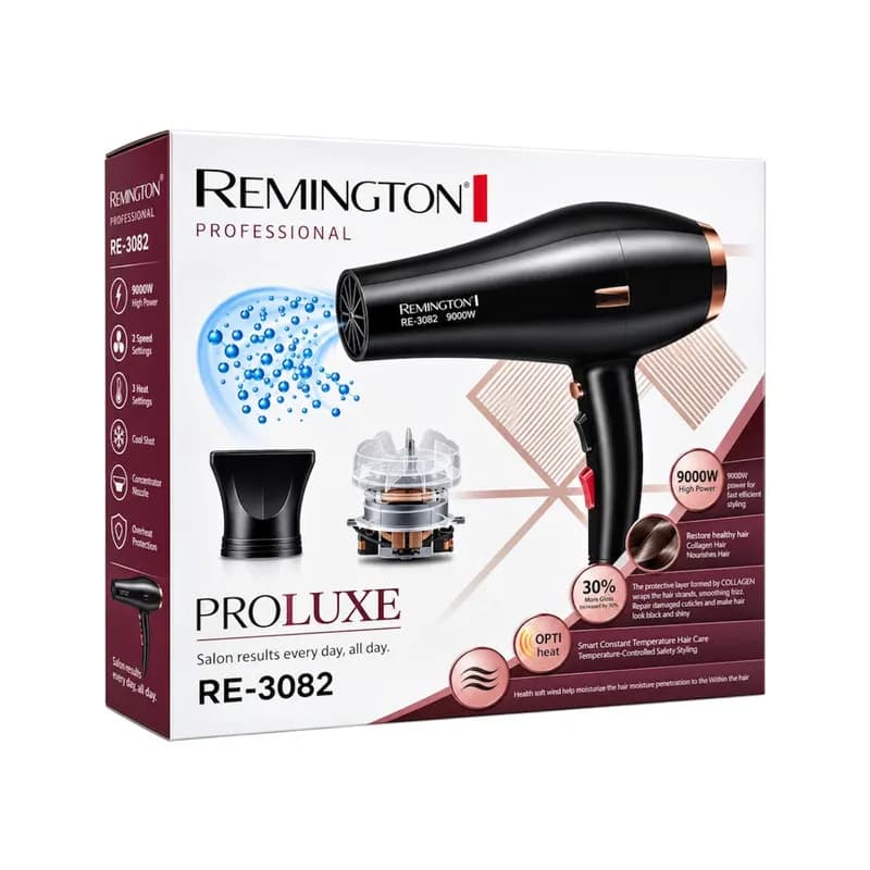 سشوار حرفهای رمینگتون مدل RE-3082 با موتور AC، توان 9000 وات، تنظیم دما در دو حالت، تنظیم سرعت در دو حالت، سری کاهش وز مو و بههمراه متمرکزکننده باریک — تصویر ۴