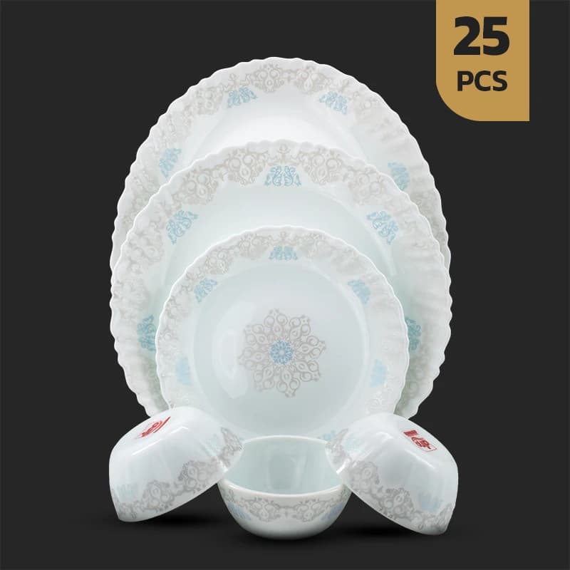سرویس 25 پارچه اپال طرح 28005-آبی-متال-سفید