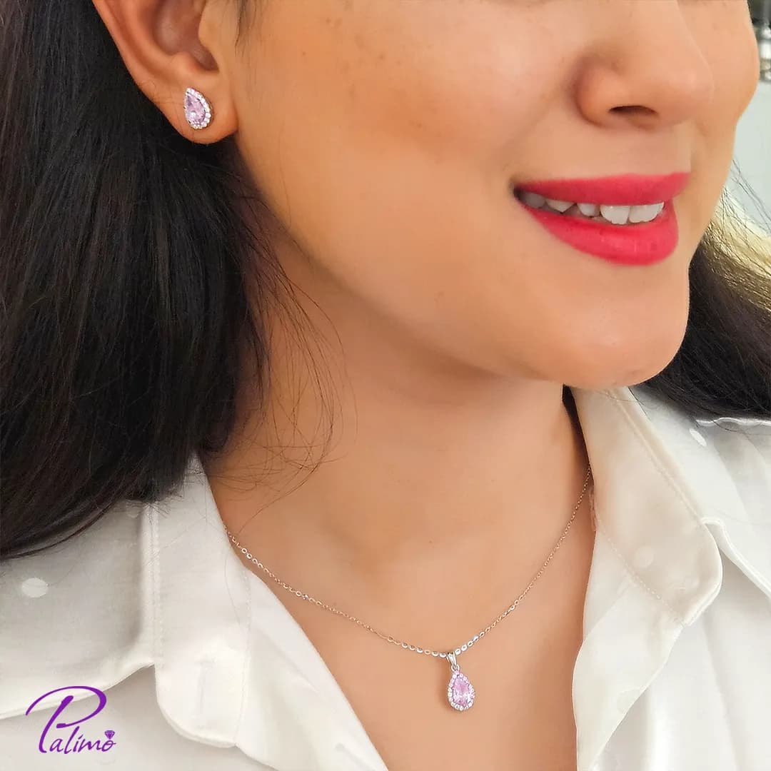 نیم ست نقره جواهری اشکی صورتی کد H2150 با روکش طلای سفید — تصویر ۴