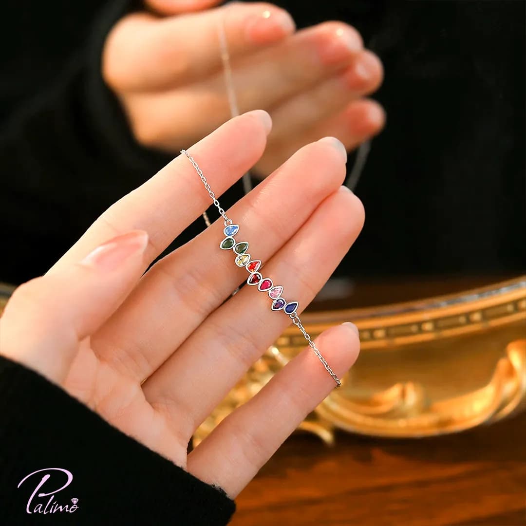 دستبند نقره مدل نگین رنگی B2181 با روکش طلای سفید — تصویر ۲