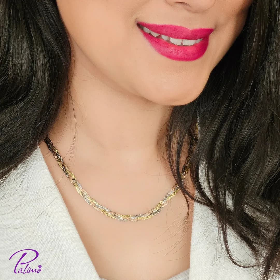 گردنبند نقره ایتالیایی بافت سه رنگ N2188 با روکش طلای زرد و سفید و رزگلد — تصویر ۲