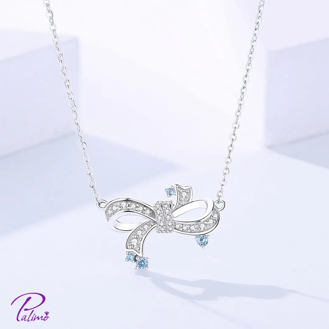 گردنبند نقره پاپیون درخشان N2182 با روکش طلای سفید — تصویر ۳