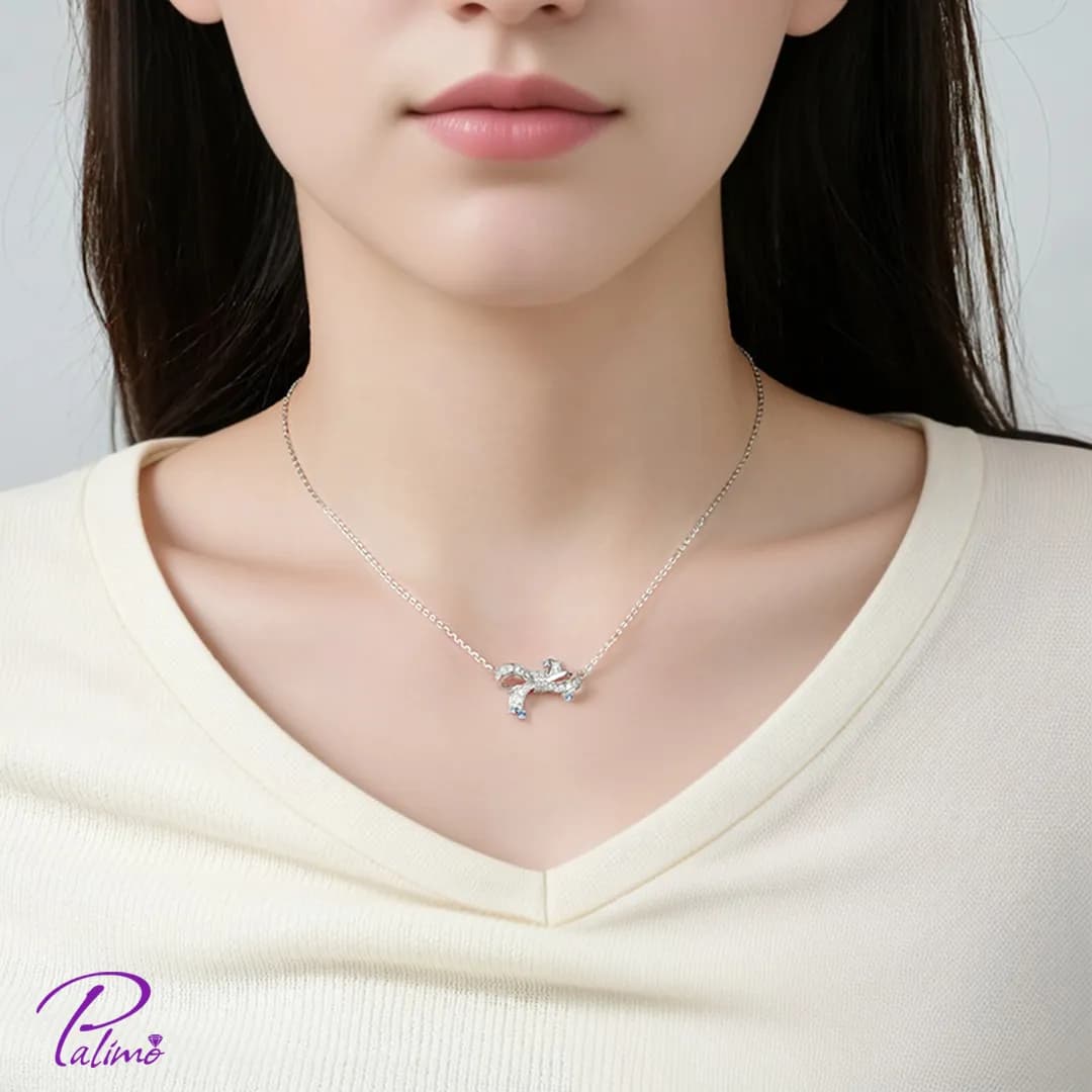 گردنبند نقره پاپیون درخشان N2182 با روکش طلای سفید — تصویر ۲