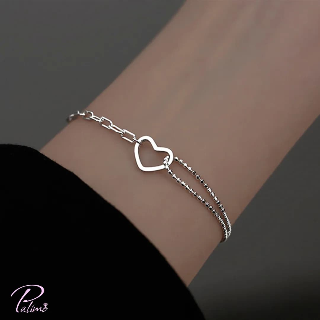 دستبند نقره قلب دولاین کد B2077 با روکش طلای سفید — تصویر ۲