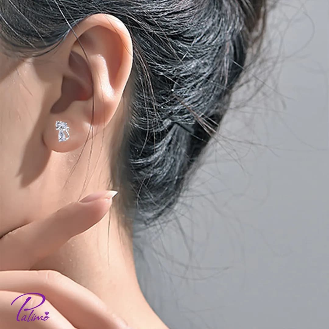گوشواره نقره گربه E2110 با روکش طلای سفید — تصویر ۲