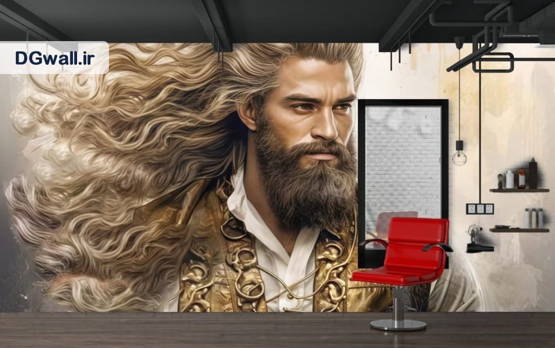 پوستر دیواری آرایشگاه مردانه مرد جذاب با ریش و موی بلند JBSM0070