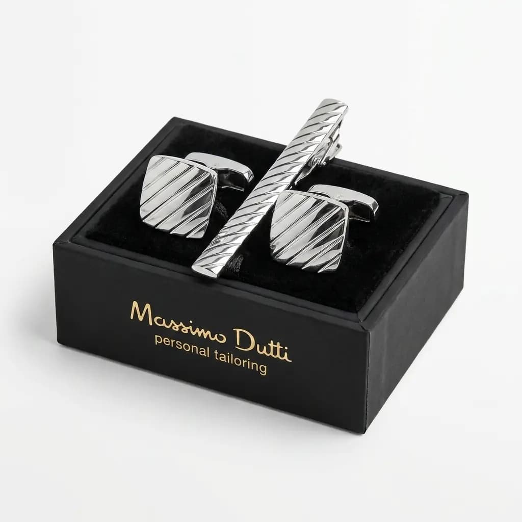 ست دکمه سردست و سنجاق کراوات طرح خطی برند Massimo Dutti