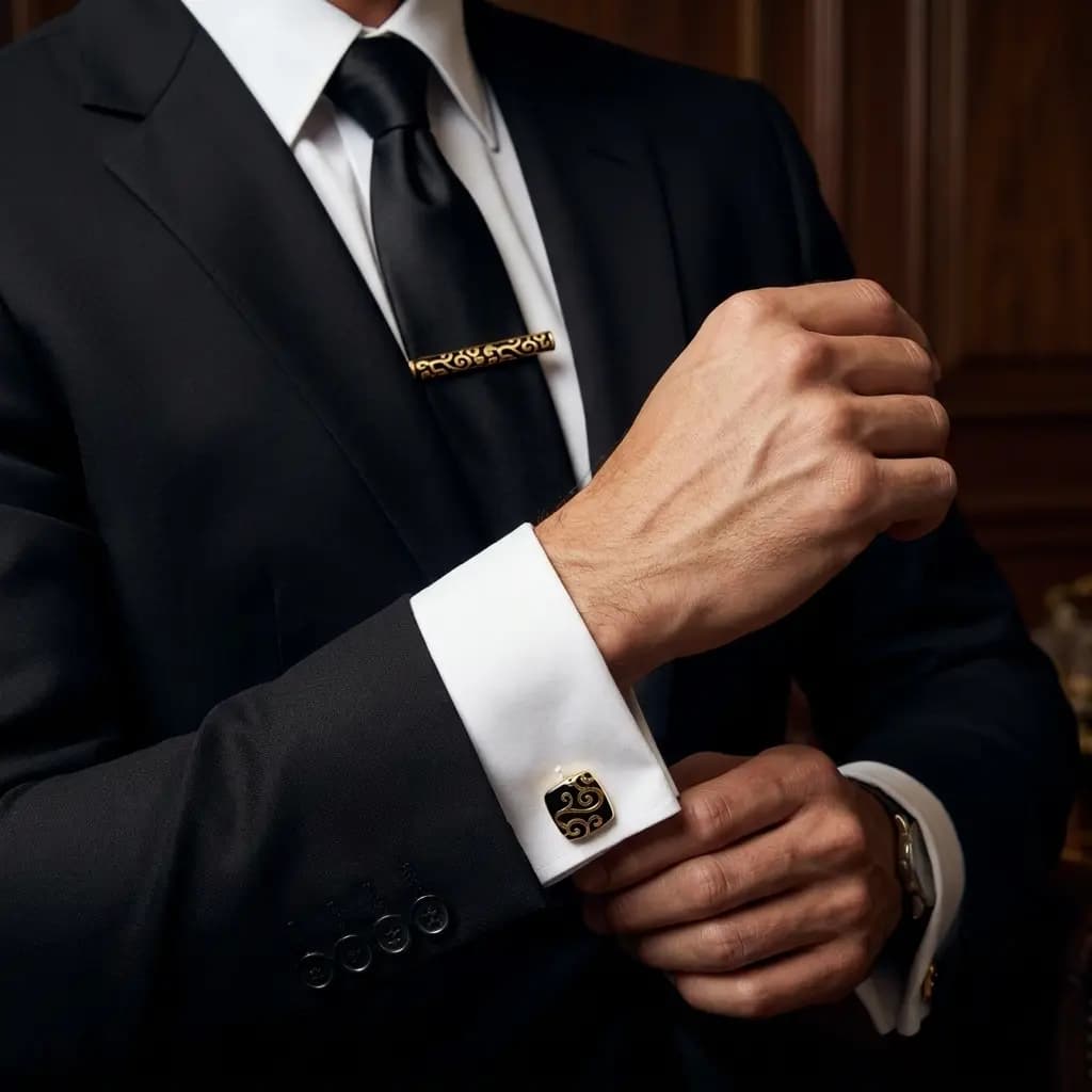 ست دکمه سردست و سنجاق کراوات طرح فلورال برند Massimo Dutti — تصویر ۲
