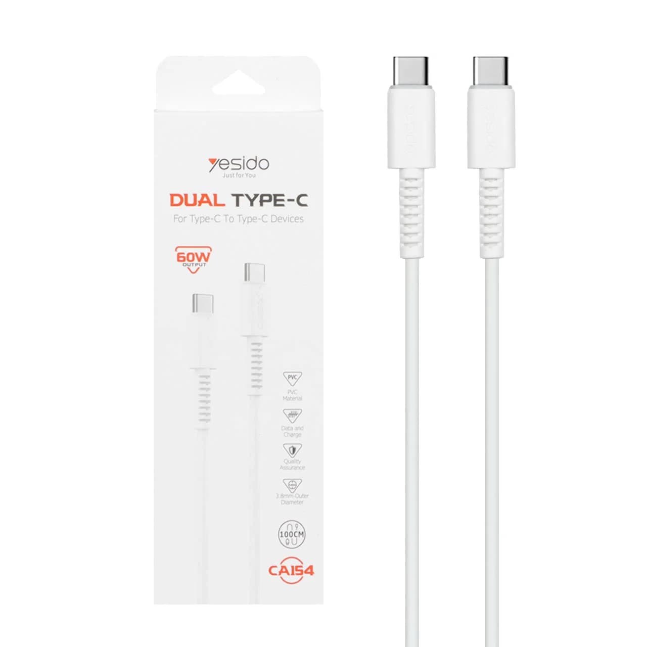 کابل شارژ فست Yesido Type-C to Type-C مدل CA154 – سفید (گارانتی12 ماه تعویض نیکان همراه)