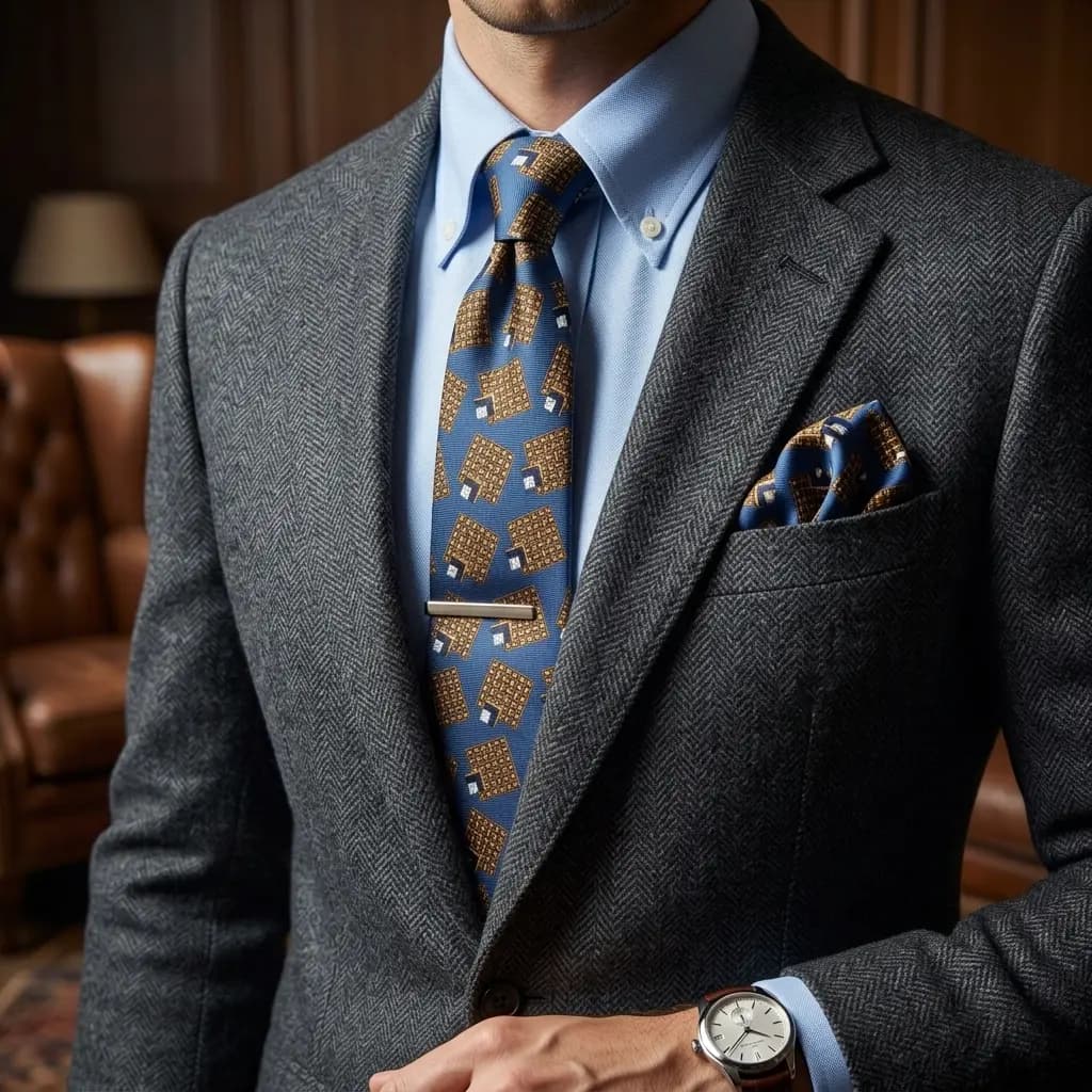 کراوات و پوشت دستدوز طرح مکعبی برند Massimo Dutti — تصویر ۲