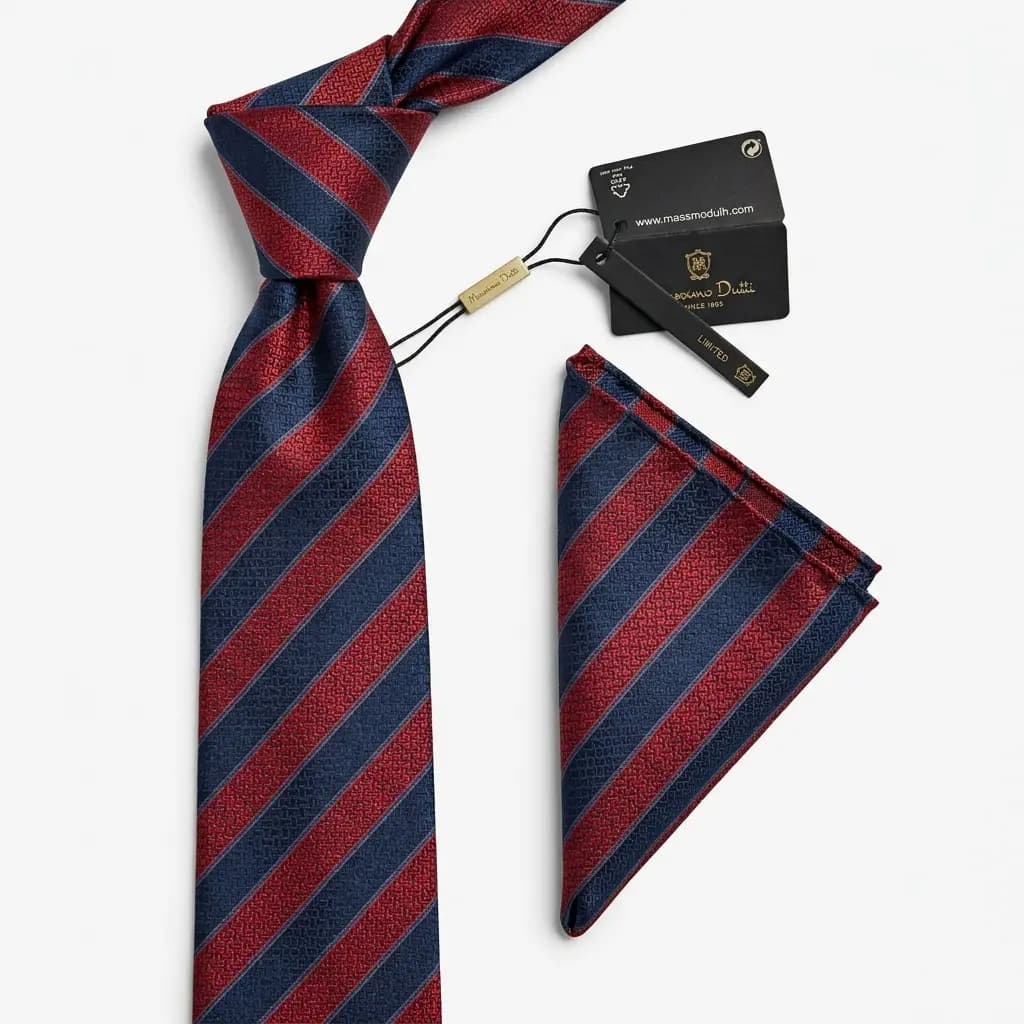 کراوات و پوشت دستدوز طرح خط دار حصیری برند Massimo Dutti