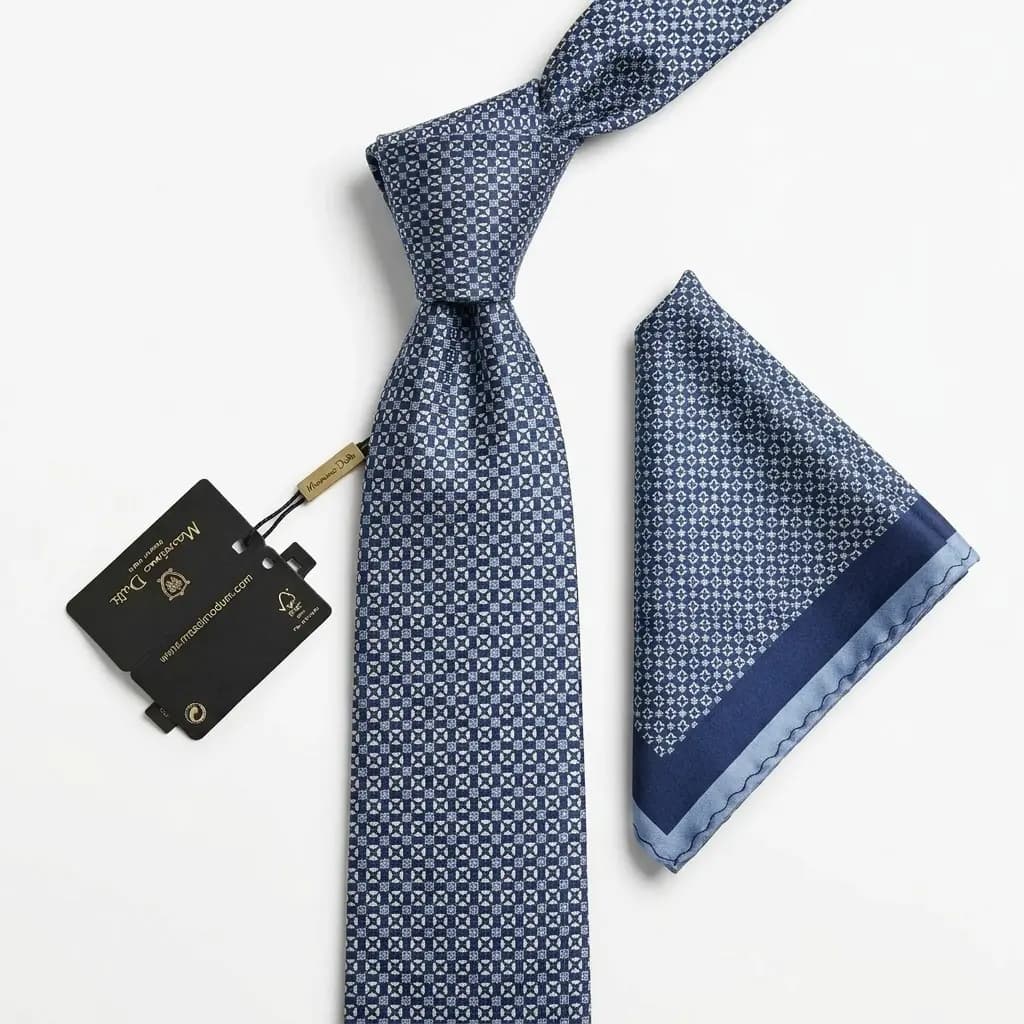 کراوات و پوشت دستدوز طرح دایره – مربع اسلیمی برند Massimo Dutti