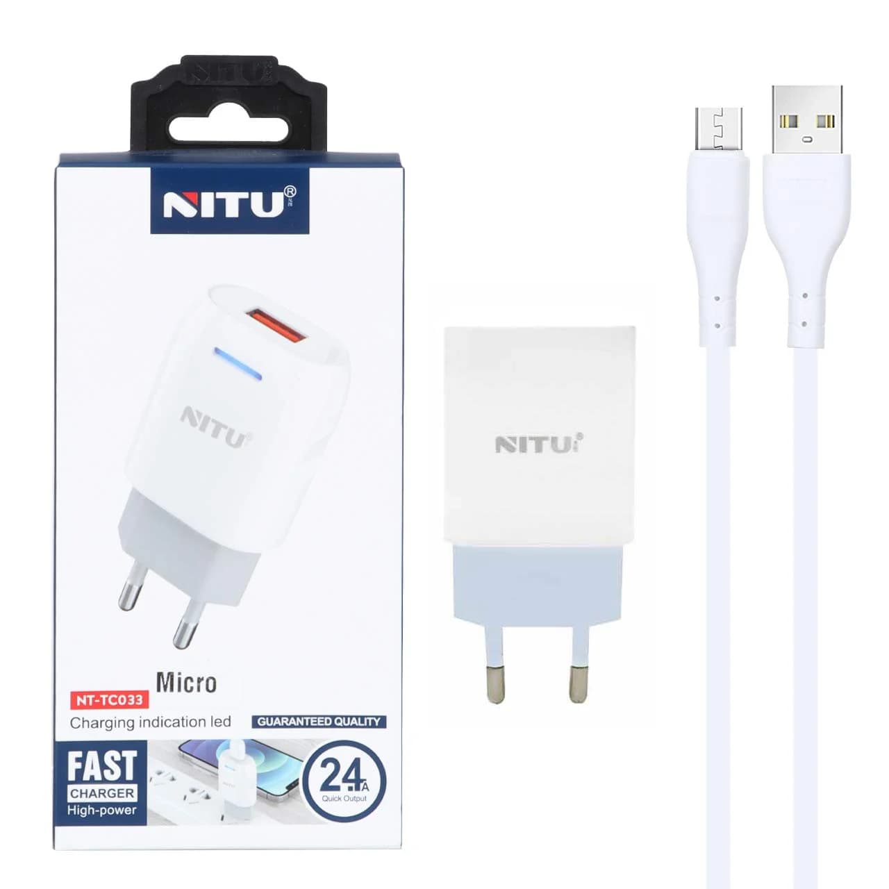 شارژر دیواری فست تک پورت Nitu مدل NT-TC033 به همراه کابل شارژ اندروید – سفید (گارانتی 12 ماه تعویض نیکان همراه)
