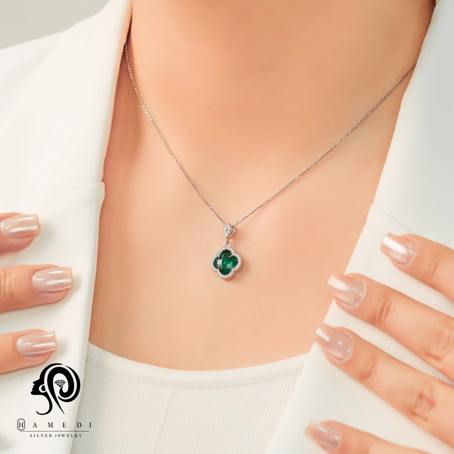 نیم ست ونکلیف نقره زنانه سبز مدل NI R96 G — تصویر ۴